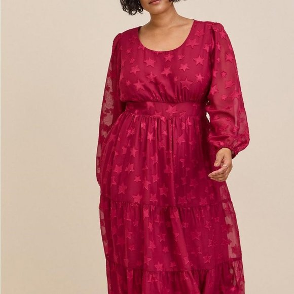 Torrid Stars Midi Clip Dot Chiffon Tiered Dress - Picture 2 of 3